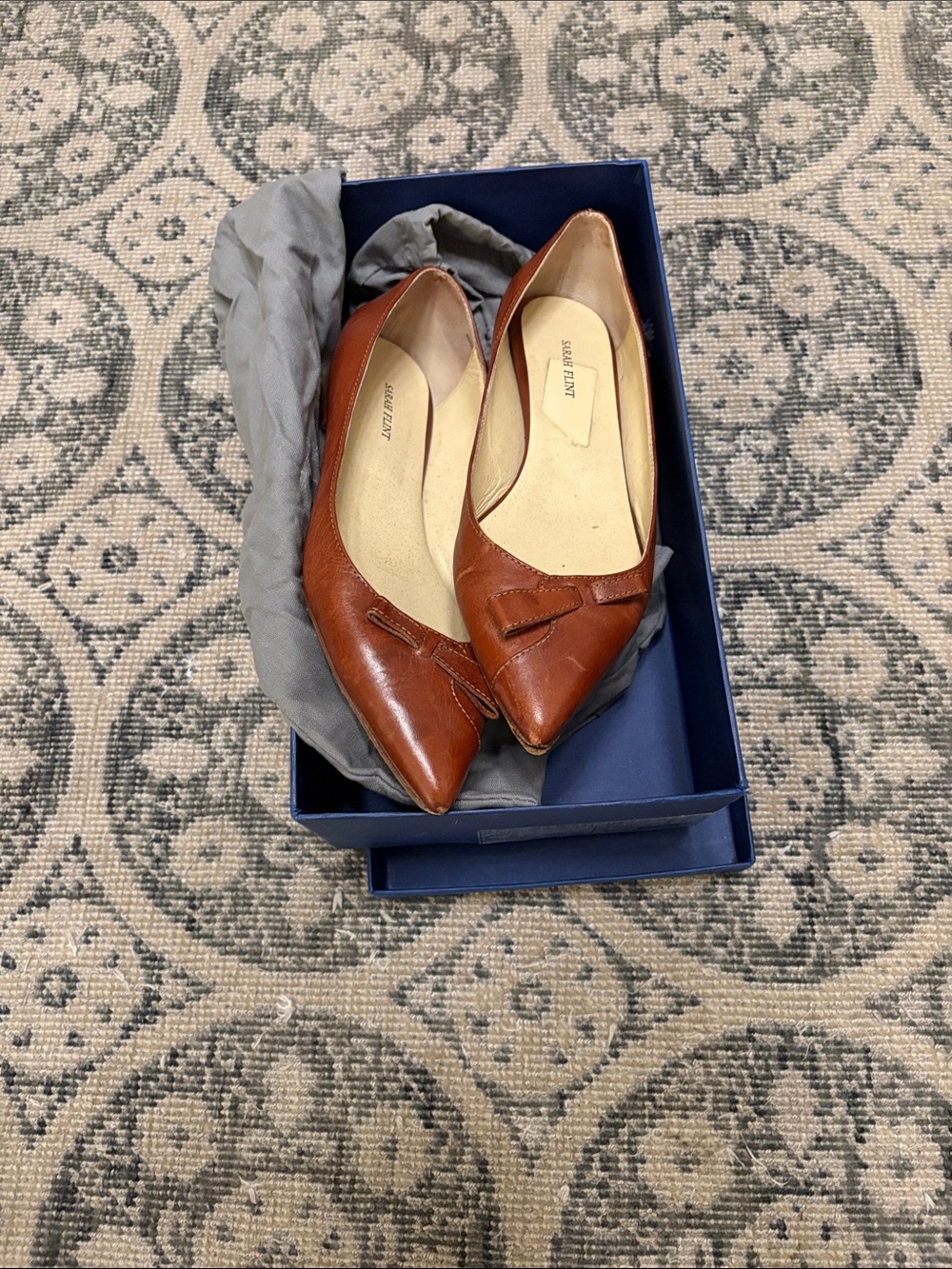Sarah Flint Natalie Saddle Vachetta Pointed Toe Brown Leather Ballet Flats